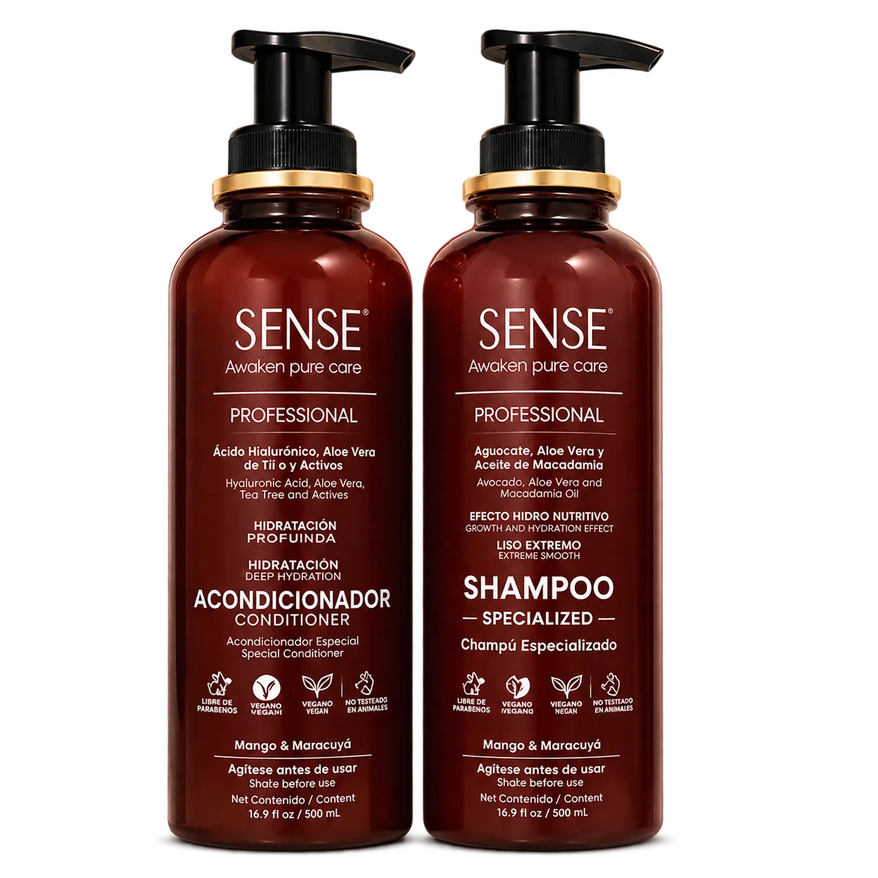 Combo Sense: champú y acondicionador de 500 ml en envase café.